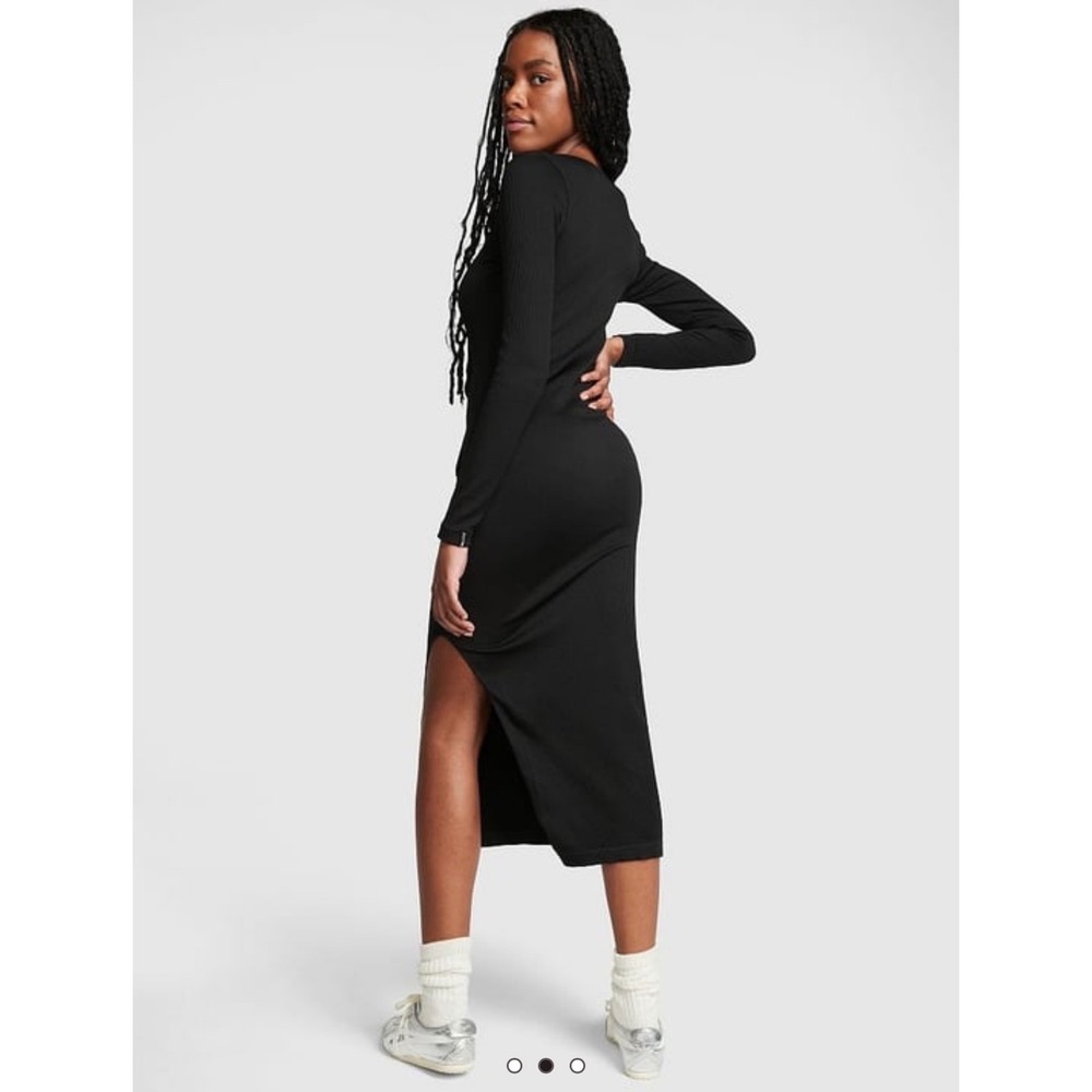 Chloe X Halle PINK Black Large Long Sleeve Ribbed Midi Dress Mob Wife, Y2K - Picture 2 of 9